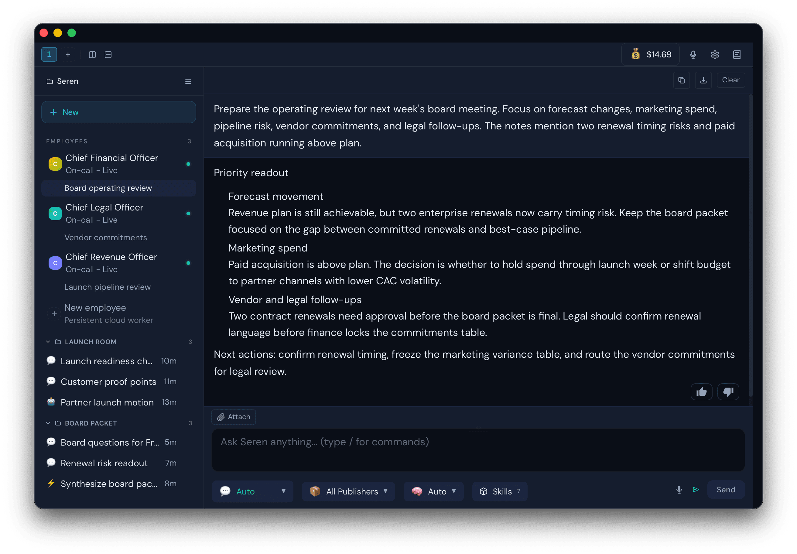 Seren Desktop showing live executive employees and board preparation threads
